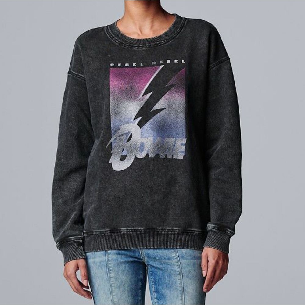 David Bowie Rebel Logo Vintage Wash Dark Gray Crewneck Sweatshirt XL Petite XLP